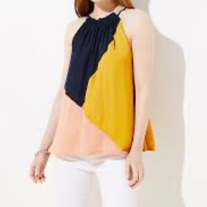 LOFT Colorblock Halter Top‎ - Navy, mustard Yellow, peach blouse top Sz S